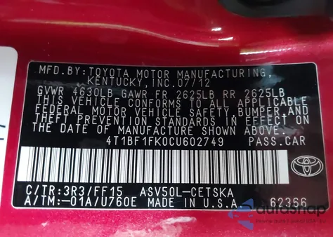 2012 Toyota Camry Se z USA, uszkodzony, nr VIN 4T1BF1FK0CU602749